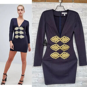 Rare London Navy Deep V-Neck Military Style Dress XS